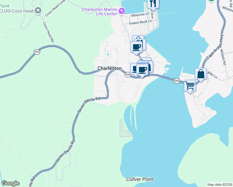 map of restaurants, bars, coffee shops, grocery stores, and more near 63228 Sunrise Road in Coos Bay