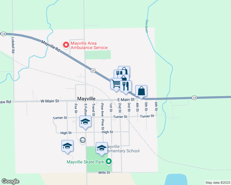 map of restaurants, bars, coffee shops, grocery stores, and more near 315 East Main Street in Mayville