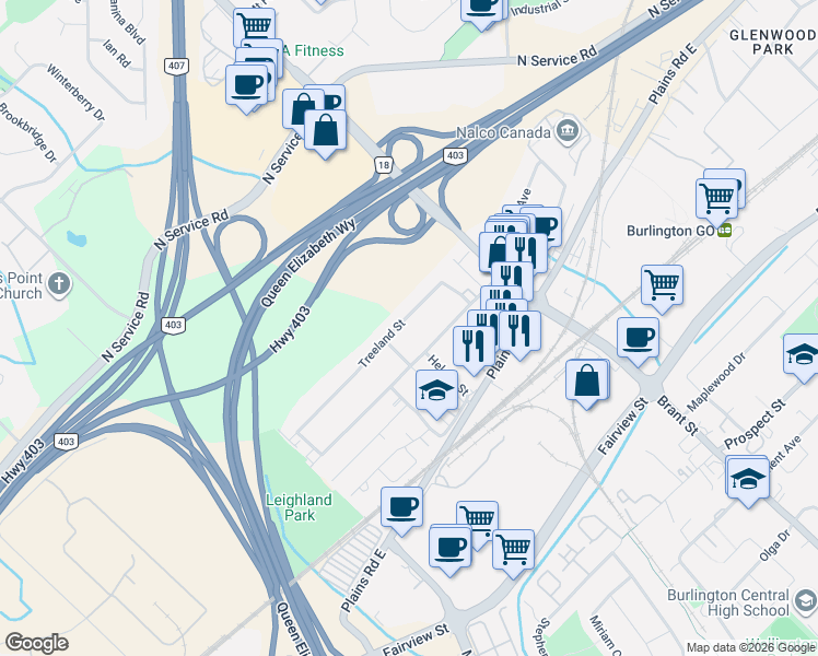 map of restaurants, bars, coffee shops, grocery stores, and more near 1366 Treeland Street in Burlington