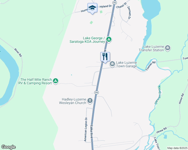 map of restaurants, bars, coffee shops, grocery stores, and more near Ponderosa Trailer Park in Lake Luzerne