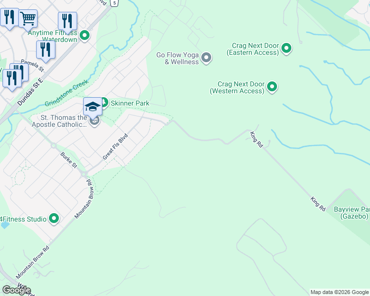 map of restaurants, bars, coffee shops, grocery stores, and more near 1924 King Road in Hamilton