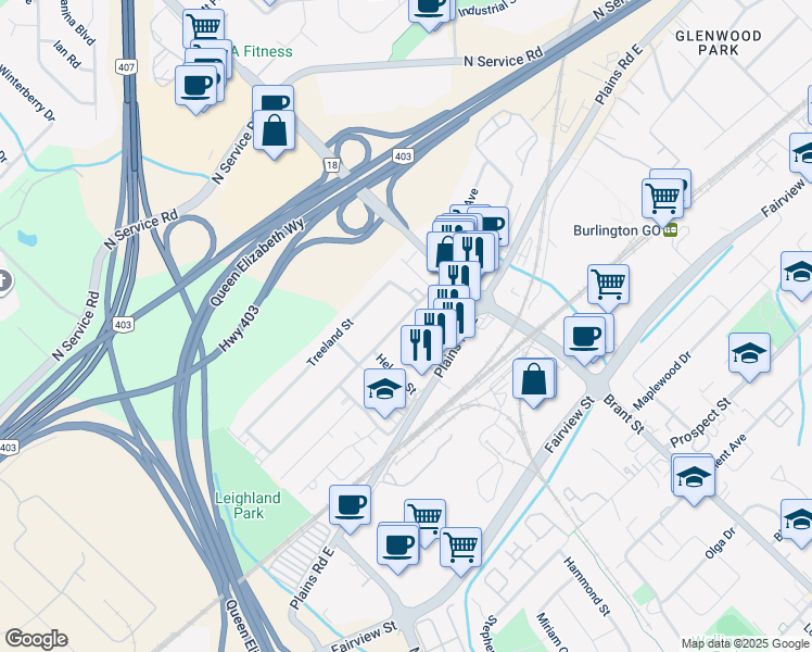 map of restaurants, bars, coffee shops, grocery stores, and more near 1396 Leighland Road in Burlington