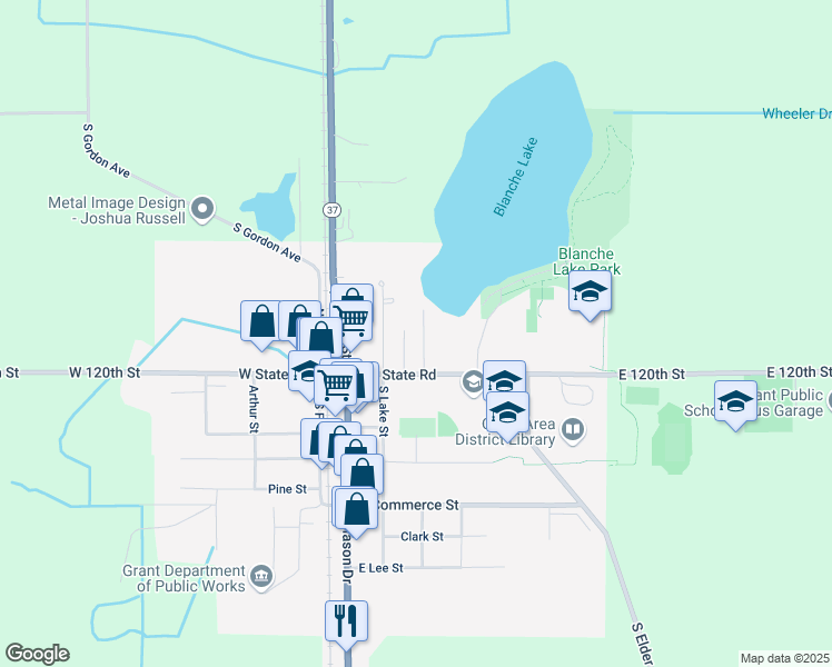 map of restaurants, bars, coffee shops, grocery stores, and more near 55 Drummond in Grant