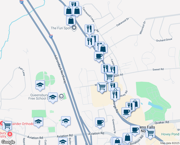 map of restaurants, bars, coffee shops, grocery stores, and more near 215 Robert Gardens North in Glens Falls North