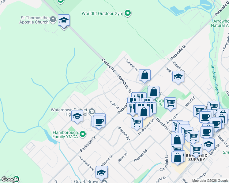 map of restaurants, bars, coffee shops, grocery stores, and more near in Waterdown