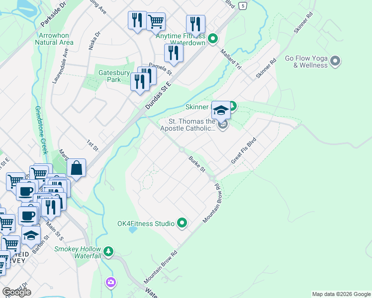map of restaurants, bars, coffee shops, grocery stores, and more near 83 Skinner Road in Hamilton