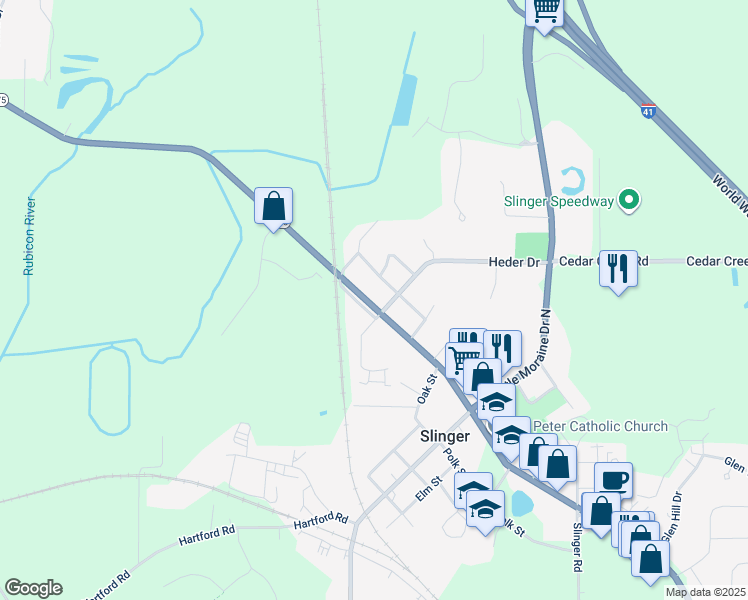 map of restaurants, bars, coffee shops, grocery stores, and more near 308 West Washington Street in Slinger