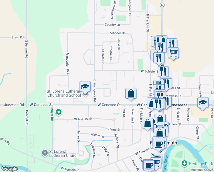 map of restaurants, bars, coffee shops, grocery stores, and more near 642 Gruber Street in Frankenmuth