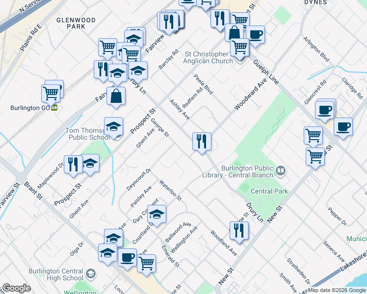 map of restaurants, bars, coffee shops, grocery stores, and more near 667 George Street in Burlington