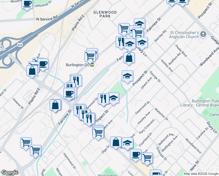 map of restaurants, bars, coffee shops, grocery stores, and more near 2120 Maplewood Drive in Burlington