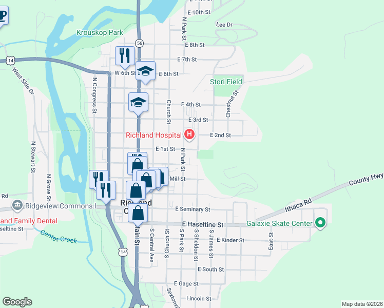 map of restaurants, bars, coffee shops, grocery stores, and more near 383 North Park Street in Richland Center