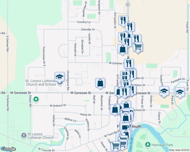 map of restaurants, bars, coffee shops, grocery stores, and more near 437 West Schleier Street in Frankenmuth