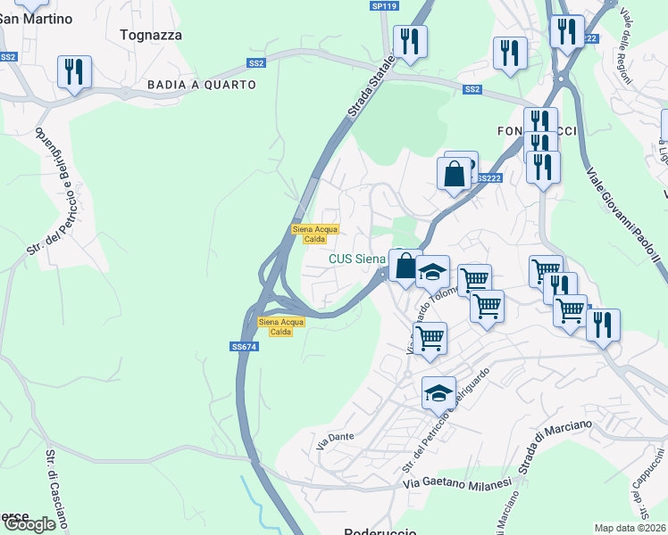 map of restaurants, bars, coffee shops, grocery stores, and more near 9 Via Pirro Maria Gabrielli in Siena