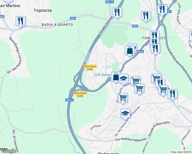 map of restaurants, bars, coffee shops, grocery stores, and more near 9 Via Pirro Maria Gabrielli in Siena