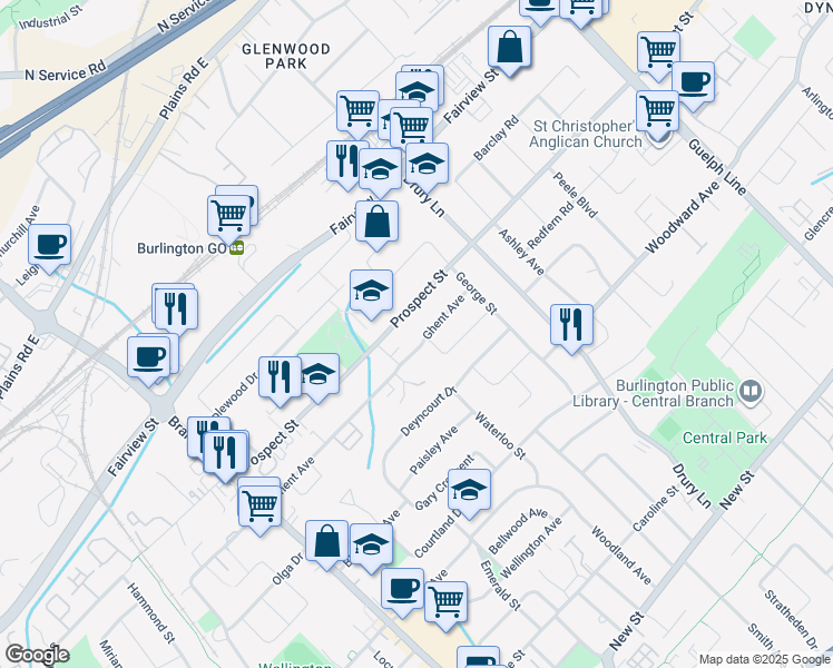 map of restaurants, bars, coffee shops, grocery stores, and more near 2183 Ghent Avenue in Burlington