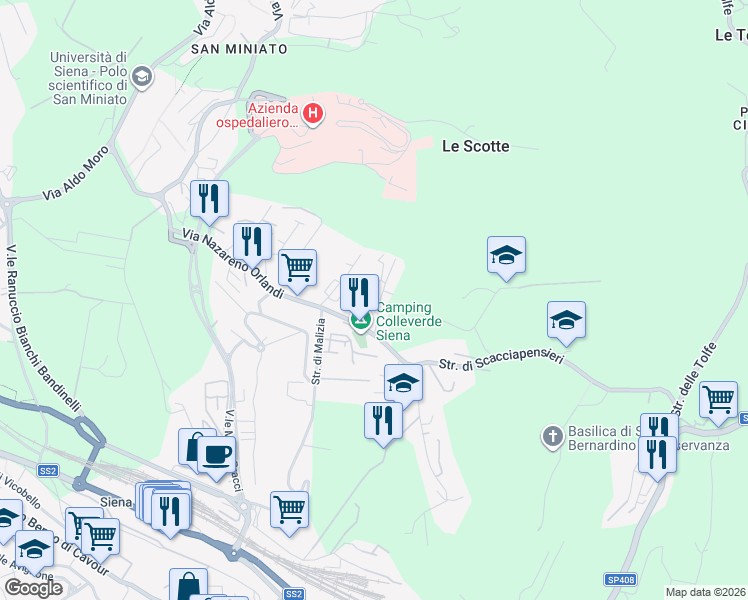 map of restaurants, bars, coffee shops, grocery stores, and more near 6 Via Alessandro Volta in Siena
