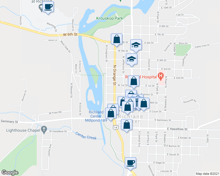 map of restaurants, bars, coffee shops, grocery stores, and more near 361 North Congress Street in Richland Center