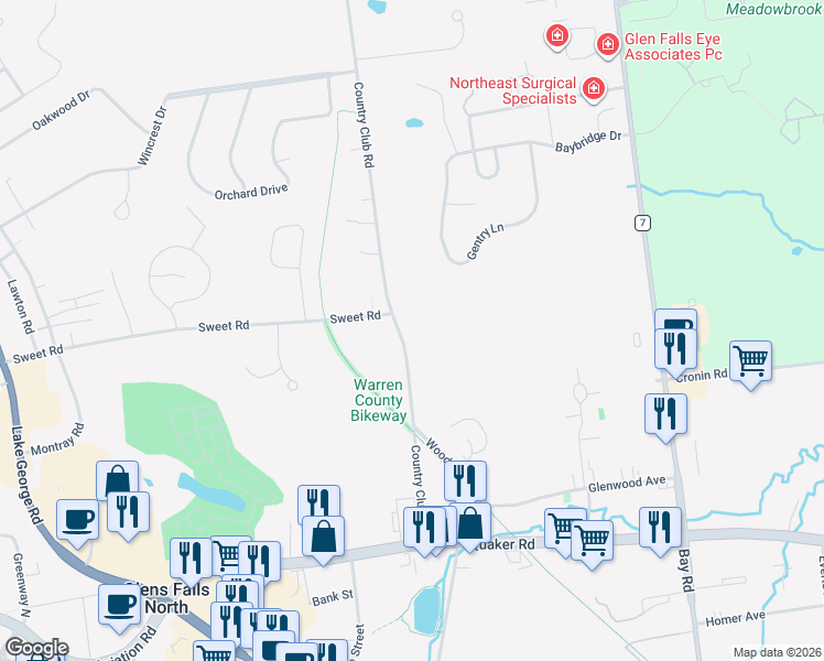 map of restaurants, bars, coffee shops, grocery stores, and more near 41 Country Club Road in Queensbury
