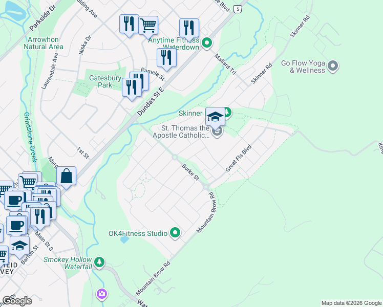 map of restaurants, bars, coffee shops, grocery stores, and more near 75 Kenesky Drive in Hamilton