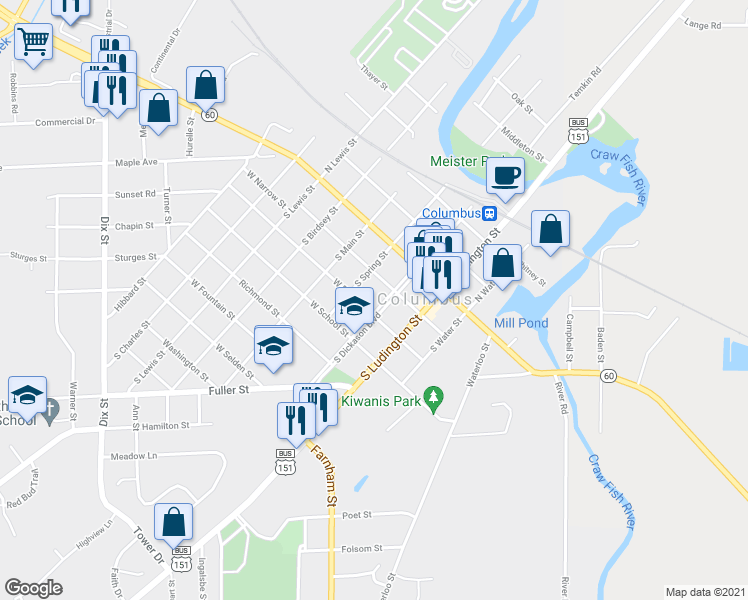 map of restaurants, bars, coffee shops, grocery stores, and more near 242 South Dickason Boulevard in Columbus