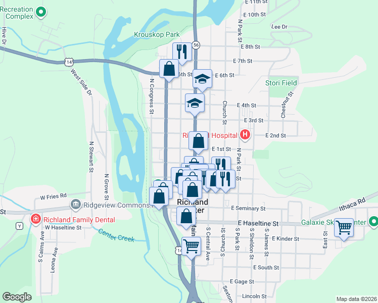 map of restaurants, bars, coffee shops, grocery stores, and more near 386 North Main Street in Richland Center
