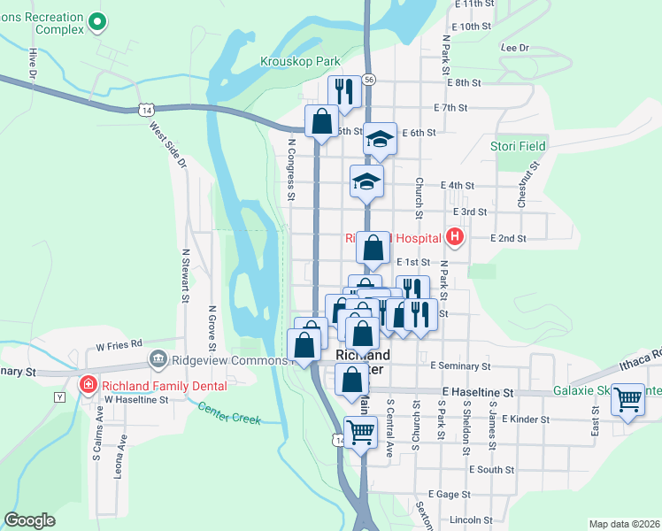 map of restaurants, bars, coffee shops, grocery stores, and more near 369 West 1st Street in Richland Center