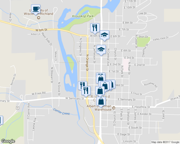 map of restaurants, bars, coffee shops, grocery stores, and more near 369 West 1st Street in Richland Center