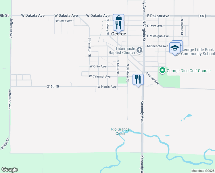 map of restaurants, bars, coffee shops, grocery stores, and more near 201 West Harris Avenue in George