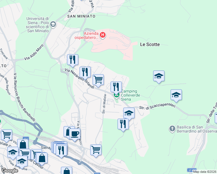 map of restaurants, bars, coffee shops, grocery stores, and more near 18 Via Colleverde in Siena