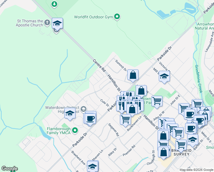 map of restaurants, bars, coffee shops, grocery stores, and more near 23 Nisbet Boulevard in Hamilton