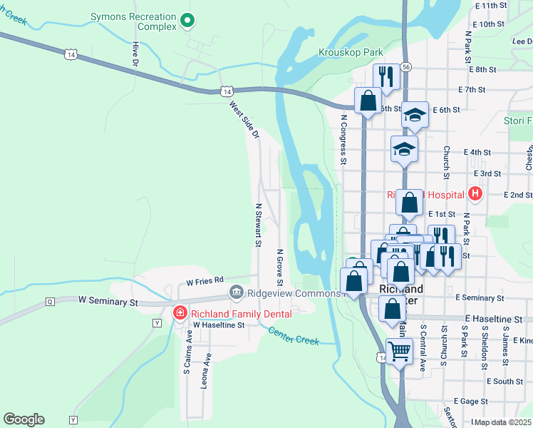 map of restaurants, bars, coffee shops, grocery stores, and more near 375 North Stewart Street in Richland Center
