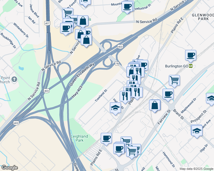 map of restaurants, bars, coffee shops, grocery stores, and more near 1377 Treeland Street in Burlington
