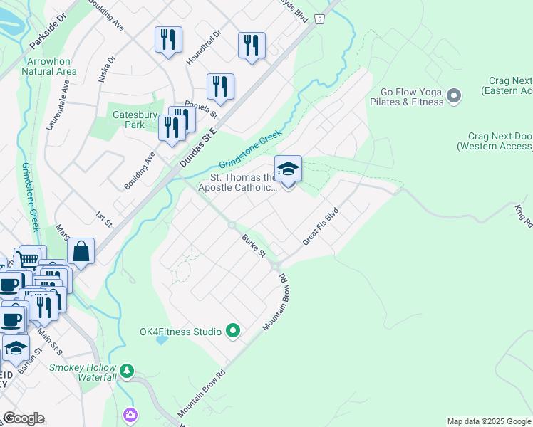 map of restaurants, bars, coffee shops, grocery stores, and more near 105 Skinner Road in Hamilton