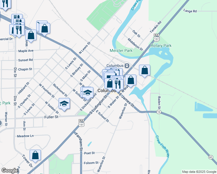 map of restaurants, bars, coffee shops, grocery stores, and more near in Columbus