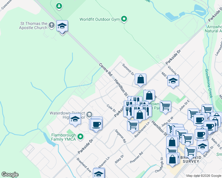 map of restaurants, bars, coffee shops, grocery stores, and more near 32 Nisbet Boulevard in Hamilton
