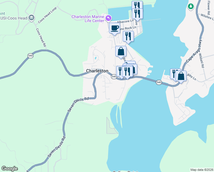 map of restaurants, bars, coffee shops, grocery stores, and more near 63228 Sunrise Road in Coos Bay