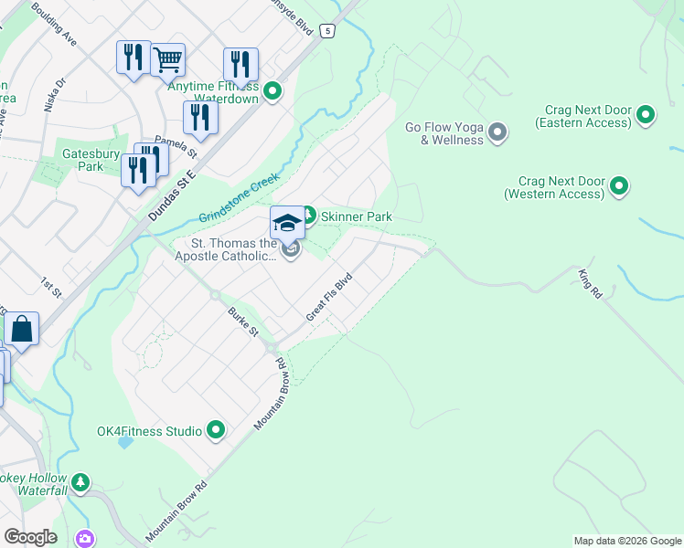 map of restaurants, bars, coffee shops, grocery stores, and more near 171 Great Falls Boulevard in Hamilton