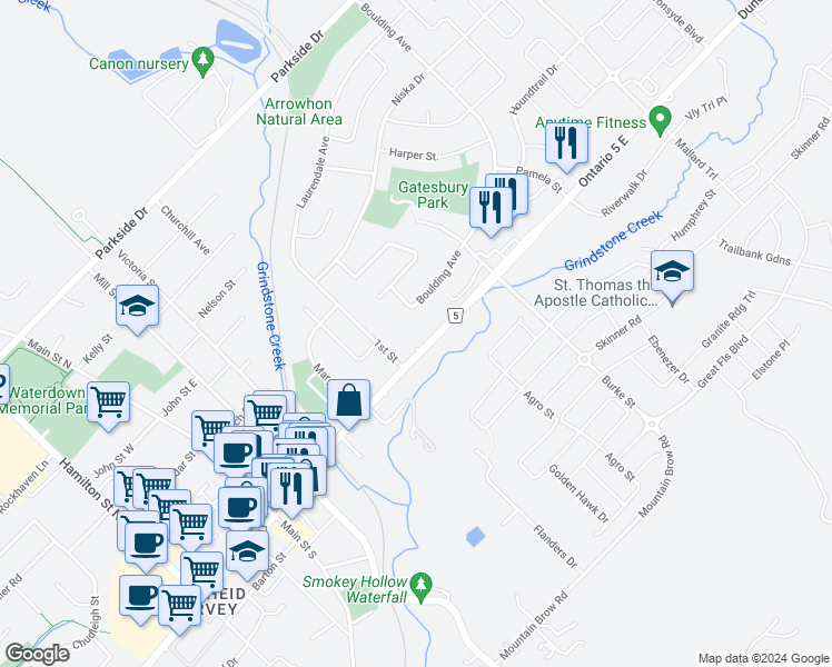 map of restaurants, bars, coffee shops, grocery stores, and more near 383 Dundas Street East in Hamilton