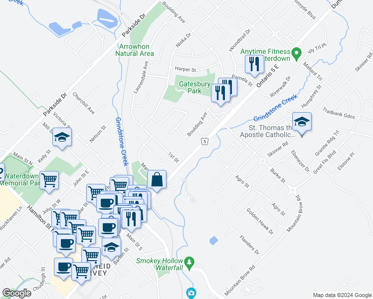 map of restaurants, bars, coffee shops, grocery stores, and more near 383 Dundas Street East in Hamilton
