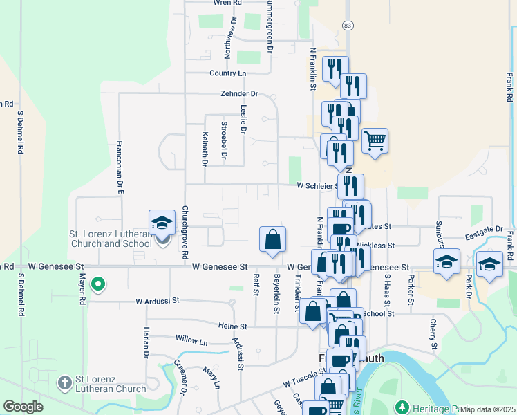map of restaurants, bars, coffee shops, grocery stores, and more near 437 West Schleier Street in Frankenmuth