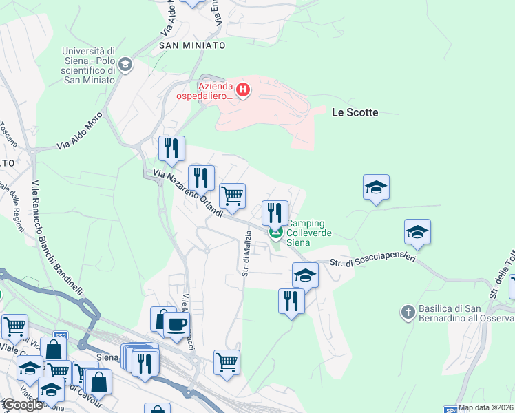 map of restaurants, bars, coffee shops, grocery stores, and more near 18 Via Colleverde in Siena