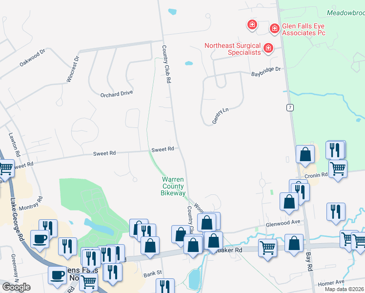 map of restaurants, bars, coffee shops, grocery stores, and more near 41 Country Club Road in Glens Falls North