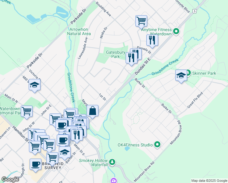 map of restaurants, bars, coffee shops, grocery stores, and more near 383 Dundas Street East in Hamilton
