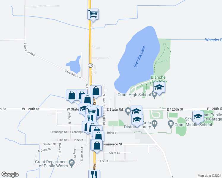 map of restaurants, bars, coffee shops, grocery stores, and more near 55 Drummond in Grant