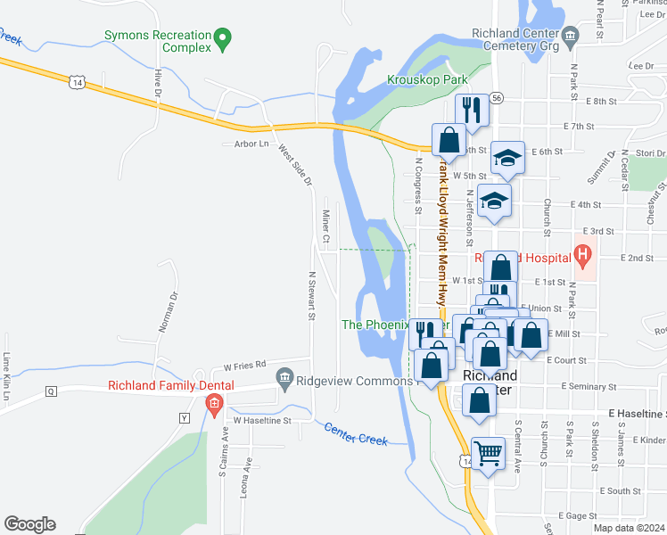 map of restaurants, bars, coffee shops, grocery stores, and more near 375 North Stewart Street in Richland Center