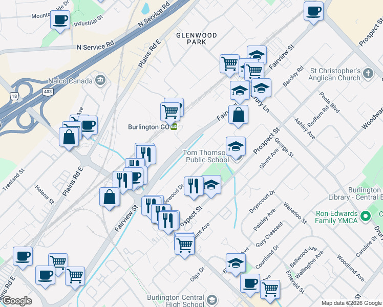 map of restaurants, bars, coffee shops, grocery stores, and more near 2117 Edinburgh Drive in Burlington