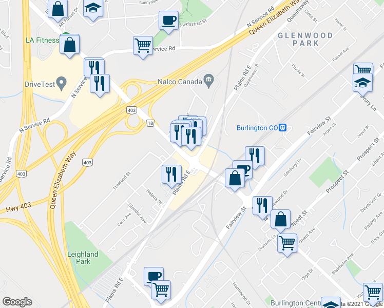 map of restaurants, bars, coffee shops, grocery stores, and more near 2011 Plains Road East in Burlington
