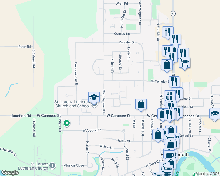 map of restaurants, bars, coffee shops, grocery stores, and more near 641 West Schleier Street in Frankenmuth