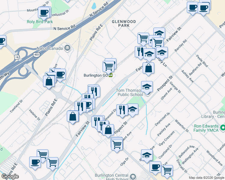 map of restaurants, bars, coffee shops, grocery stores, and more near 2101 Fairview Street in Burlington
