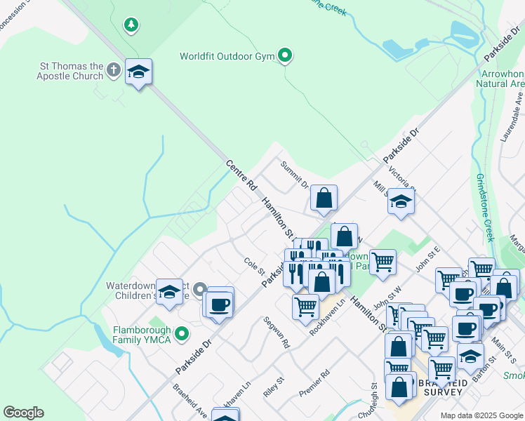 map of restaurants, bars, coffee shops, grocery stores, and more near 54 Nisbet Boulevard in Hamilton